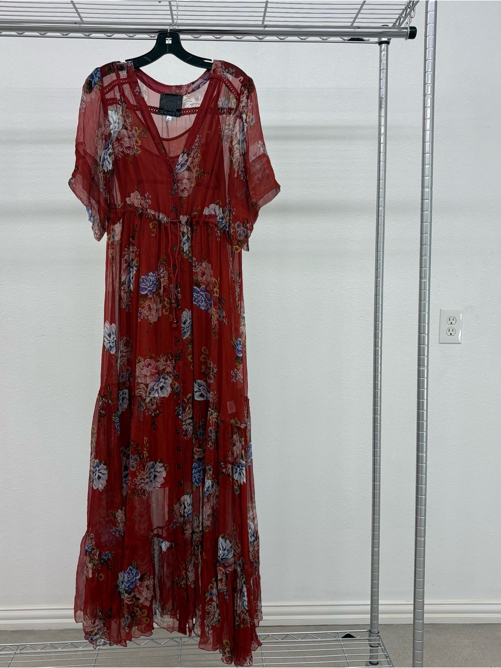 Johnny Was Burgundy Floral Sheer Boho Tiered Maxi Dress